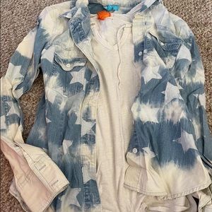 Medium Denim Western distressed button down + Tank